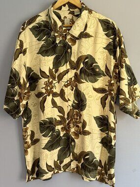 Men's 100% Silk Hawaiian Shirt XL Cream Brown Green Tiki Floral Resort Summer